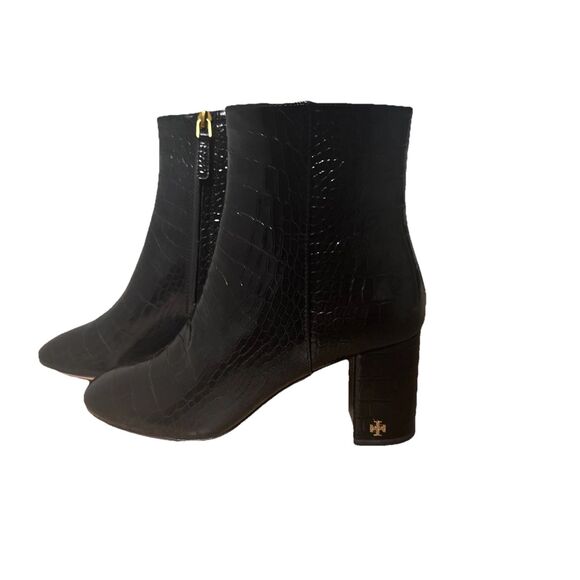 Tory Burch  Brooke Size 8 70 MM Leather Booties Croc Embossed Perfect Black $498 - Picture 13 of 14